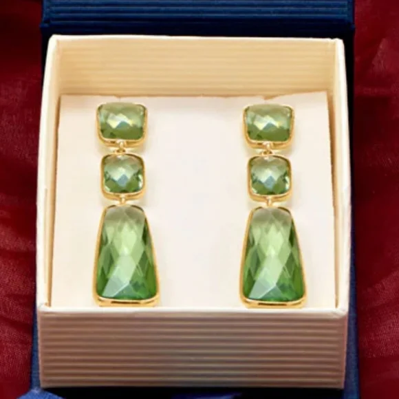 14KT GOLD PLATED RECTANGLE PRASIOLITE DROP EARRINGS - Picture 2 of 2